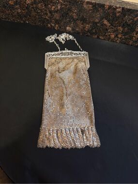 Antique Whiting & Davis Art Deco Silver Mesh Purse Fringe Chain Flapper Evening